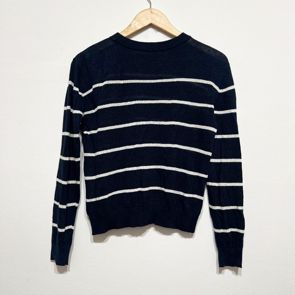 Alice And Olivia Cotton Linen Stretch Knit Crew Neck Striped Sweater Blue White - Picture 4 of 4